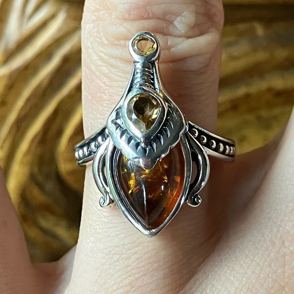 Genuine Amber Citrine Sterling Silver Ring Size 7
